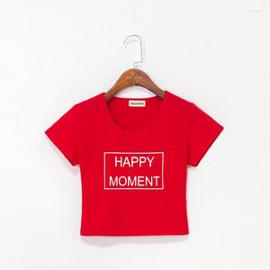 Women's T Shirts Happy Moment Letter Printed-Skinny Fit Crop Top Summer Women Cotton Casual High midja Tees Kvinnlig botten Skjorta 2023