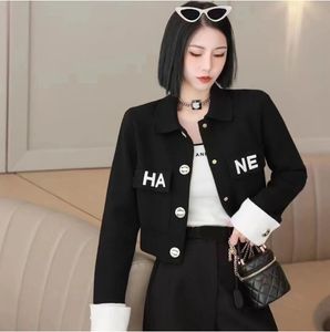 Spring and Autumn black and white blouse designer ladies Polo neckline knitted luxury long-sleeved button-style cardigan jacket