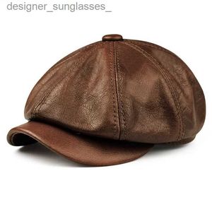 Stingy Brim Hats Hats Men 2023 Winter 100% äkta läder varm c manlig baskär målare boina cowhide åttkantig kasquette högkvalitativ streetwearl231109