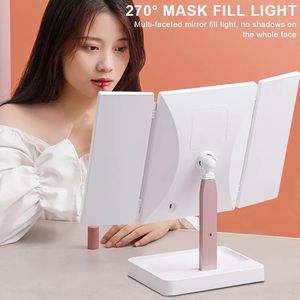 Kompakt Aynalar 72 LED Işık Vanity Aynası 1/2/3x büyüteç Kozmetik 3 Katlanır Makyaj Aynaları 270 Dönüş Adımsız Dimmer Güzellik Masası Aynalar 231109