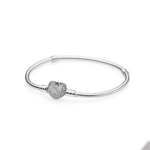 Sparkling Love Heart Charm Armband för Pandora Real Sterling Silver Snake Chain Armband Set For Women Girl Gift Wedding Jewelry With Original Box