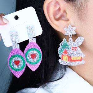 Women Christmas Stud Drop Earrings Fashion Glitter Acrylic Red Green House Santa Claus Snowman Elk Xmas Tree Personality Charm Jewelry New Year Holiday Decorations