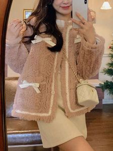 Futro dla kobiet sztuczna zima puszysta kurtka Koreańska moda kolok patchwork lambwool płaszcz lamblool płaszcz żeńska swobodne słodkie długie rękawie samotne płaszcz 231109