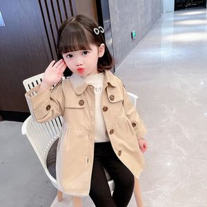 Jacken Mode England Stil Kind Mädchen Baumwolle Lange Trenchcoat Herbst Frühling Baby Kinder Kleidung Einfarbig Säuglings Jacke 2 farben 231109