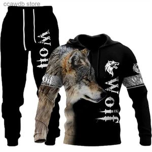 Men's Tracksuits New Set 3D Wolf Animal Print Hooded Pullover Sweater for Men's Trendy Sweater T231109