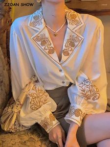 Women's Blouses 2023 Vintage Lapel Notched Collar Beige Embroidery Shirt Women Center Buttons Loose Lantern Sleeve Blouse Tops Spring Autumn