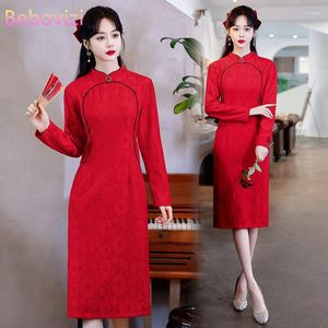 Roupas étnicas Luxo Mulher Noite Qipao Vestido Chinês Tradicional Casamento Manga Longa Vermelho Cheongsam Ano CNY