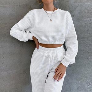 Calças femininas de duas peças esportes mulheres cintura alta treino moda branco xadrez jacquard o-pescoço moletom outfits comute casual solto