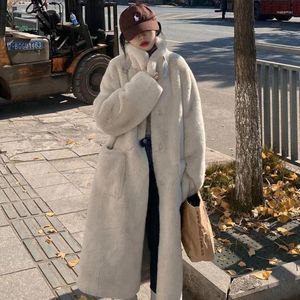 Women's Fur Winter Imitation Coat Women Mid Length Loose Slim Thicken Warm Jacket Fashion Korean Casual Office Lady Buckle Trend Outwear