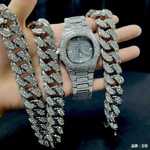 Hot Selling Full Diamond Watch 20mm Cuban Necklace Armband Men's Hip-Hop smycken Set Straight 231015