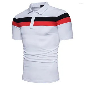 Polos masculinos homens verão moda upscale lapela pulôver camiseta contraste listrado botão emendado casual versátil manga curta camiseta