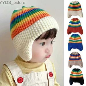 Beanie/Skull Caps Winter Baby Knit Hat Korean Striped Rainbow Beanie Cap for Toddler Boys Girls Colorful Kids Warm Ear Protection Caps Bonnet YQ231108