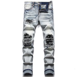 Herren-Jeans, Herren-Fahrradjeans, Straßenkleidung, Paisley-Bandana-bedruckte Aufnäher, Stretch-Denim-Hosen, Nähte, Arbeitslöcher, Risse, dünne, gerade schwarze Hosen 231109