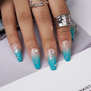 False Nails Handmade Sky Blue Ombre White Rhinestone Press On Glitter French Luxury Acrylic Gel