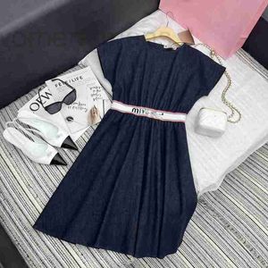 Basic & Casual Dresses Designer Summer New Miu Nanyou Girls' Sweet and Age Reducing Contrast Letter Elastic Ribbon Flying Sleeve Denim Dress MLGQ