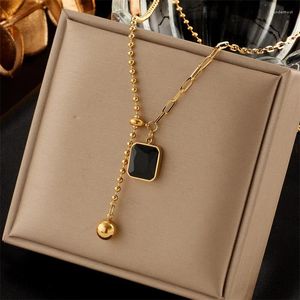 Chains 316L Stainless Steel Simple Metal Black Square Stone Ball Asymmetric Pull Adjustable Collar Necklace