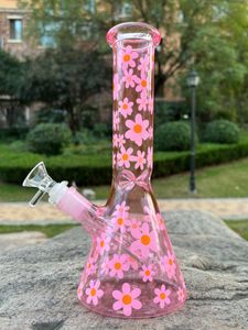 10 Inch Daisy Glass Bong Pink Smoking Water Pipe Beaker Hookah Filter Bubbler with Downstem & 14mm Male Tobacco Bowl