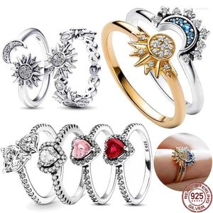 Küme halkaları zarif kadın mücevher 925 STERLING Silver Classic Sun Moon Ring Parlak Taçlar Kalp Işık Lüks Charm Hediye