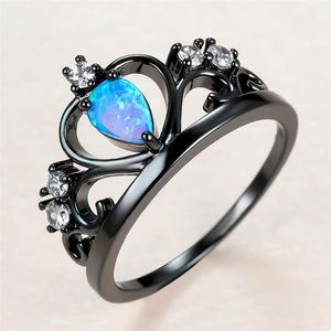 Wedding Rings Vintage Female Blue Opal Stone Ring Charm 14KT Black Gold Thin For Women Luxury Bride Hollow Crown Engagement