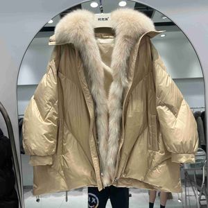 Women's Down Parkas Lagabogy 2023 Real Natural Fox Fur Ny Winter Women White Down Jacket Lose Warm Puffer Coat Kvinnlig Tjock Mid-Long Parkas ZLN231109