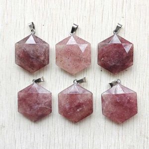 Colares de pingente de pedra de quartzo de morango natural facetada hexágono pingentes para fazer jóias diy atacado 6 pçs/lote