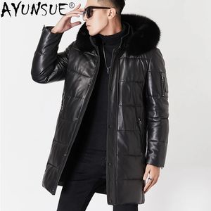 Men's Jackets AYUNSUE Genuine Leather Jacket Men Warm White Duck Down Coats Real Sheepskin Winter Hooded Fur Collar Parka 231108