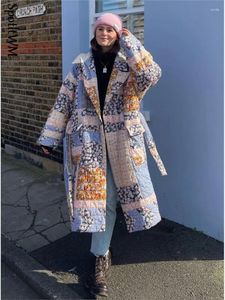 Women's Trench Coats Fashion Printed Floral Long Cotton Coat With Belt Women Sleeve Thicken Warm Jacket 2023 Winter Chic Female Street