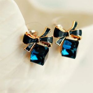 Stud Jewelry Fashion Gold Color Bowknot Cube Crystal Earring Square Bow Earrings For Women Pretty Gift 231109