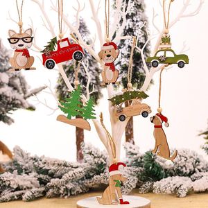Julekorationer 2 st bilar trähängen xmas träd hängande diy trä hantverk barn presenthund varumärke lyckligt år dekorationskristmas