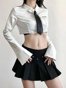 Work Dresses Y2k Skirt Suit Korean Preppy Style Women Rivet Decorate Long Sleeve Cropped Shirt And A-Line Sweet Girl 2 Piece Set 2023