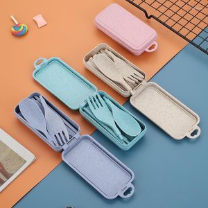 Dinnerware Sets Portable Wheat Straw Fork Cutlery Set Foldable Folding Chopsticks With Box Travel Utensil