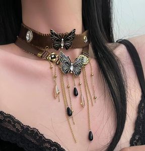 Gargantilha estilo chinês preto borboleta borla vintage couro luz colar de luxo para mulheres criativo doce legal acessórios