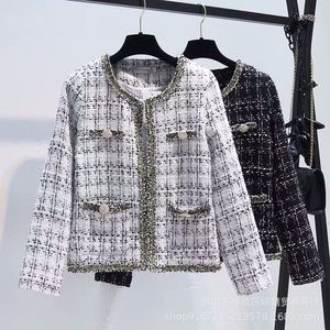 Marca feminina outono e inverno jaqueta vintage xadrez manga longa em torno do pescoço aberto costura pista designer moda casaco
