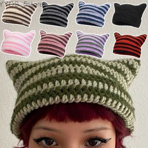 Beanie/Kafatası Kapakları y2k Japon tarzı sokak kıyafeti harajuku bere şapka küçük şeytan çizgili örme şapkalar kadınlar sonbahar kış kaplı sevimli kedi kulakları kap yq231108