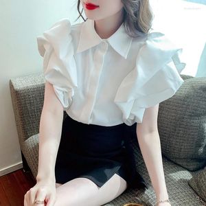 Frauen Blusen Süße Kurze Blütenblatt Hülse Chiffon Hemd 2023 Sommer Koreanische Lose Weiße Bluse Fashion Solid Tops Frauen Kleidung blusas 27171