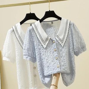 Blusas femininas 2023 camisa de verão fêmea fêmea de tamanho grande colarinho de manga curta Cardigan Cardigan Design de moda francesa feminina direta