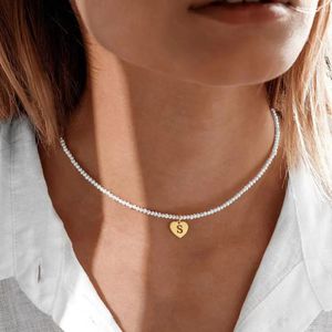 Chokers Fashion Heart 26 Inledande brevhänge Halsband Kvinnor Enkel 3mm Imitation Pearl Bead for Jewelry Gift 231109