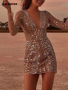 女性のためのスパンコン新しいファッションエレガントなスリムペンシルミニドレスビンテージ長袖vネックシックなイブニングドレス