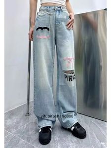 Kanal lyxiga topp kvinnor kläder jeans botten hål jeans kvinnliga kvinnor svettbyxor breda ben byxor klocka botten byxor denim byxor midja blå slacks byxor design design