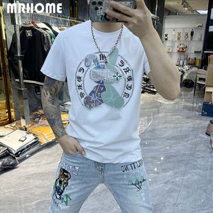 Rabbit Men's T-Shirts Summer New Tees Fashion Hot Diamond Youth White Round Neck Tops Party Gathering Wear Clothing Plus Size M-7XL