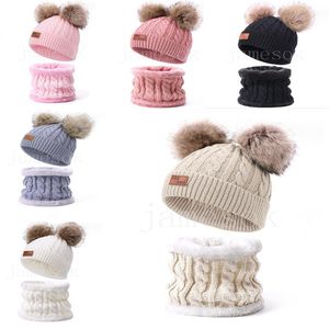 Inverno crianças pom pom gorro pescoço conjunto bola de couro bebê gorro de malha com cachecol chapéu de calor ao ar livre das crianças df317