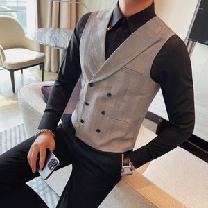 Men's Vests British Style Double-breasted Plaid Gentleman's Vest Fashion Slim-fit Business Casual Sleeveless Suit Waistcoat