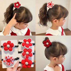 Accessori per capelli 1 pezzo Corda rossa per bambini con fiore Cerchio per ragazze Decorazione per bambino Legami elastici Porta coda di cavallo per bambini