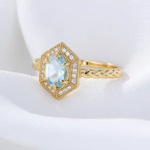 Cluster Rings Natural Sky Blue Topaz Women Classic S925 Sterling Silver Hexagonal Ring Female Luxury Jewelry Design Girl's Gift Party