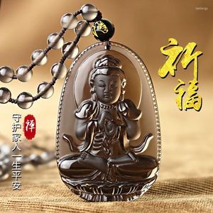 Pendant Necklaces Natural Obsidian Carved Buddha Lucky Amulet Smoky Quartz Necklace Smoke Crystal Women Men Jewelry Healing Reiki Gift