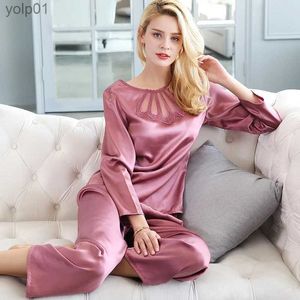 Kvinnors sömnkläder 100% naturligt siden Sleepwear Set Woman Suits 2 Pieces Long Sle Top+Pants Silk Pyjamas Femme Lace Pijama Ladies Home ClothlSl231109