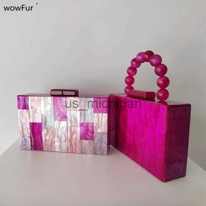 Kvällspåsar Pearl Hot Rose Pink Plaid Acrylic Box Evening Clutch Bags Wedding Women Dynklänning Purses Designer Ladies Chain Handbag Chic J231109