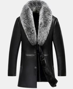 Men's Jackets Autumn Winter Real fur collar VNeck Men Long Style Sheep leather Male Fur Solid Color Outerwear Coat Thick Warm Parkas 231108