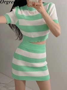 Work Dresses Korean Fashion Sweet Striped Two Piece Set Women Summer Thin Short Puff Sleeve Crop Top Bodycon Mini Skirt Suits Y2k Outfit