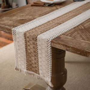 Bordslöpare LINEN COMOLL SPLICE Bord Runner Table Dekoration Bicolor Woven Tassel Natural Material Wedding Decoration Tabler Runner 230408